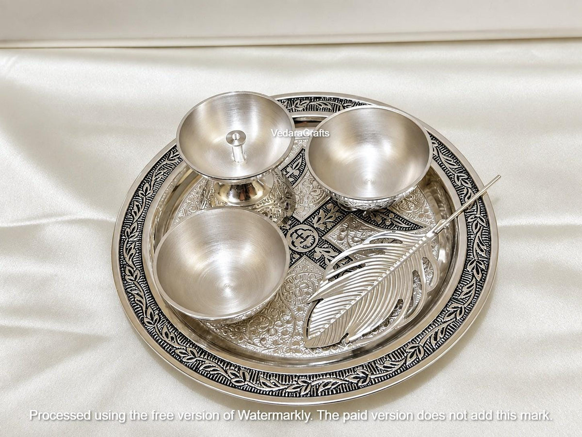 German Silver Pooja Thali Set, Swastik Design, 5-Piece Mandir Decor (7.5 inch)