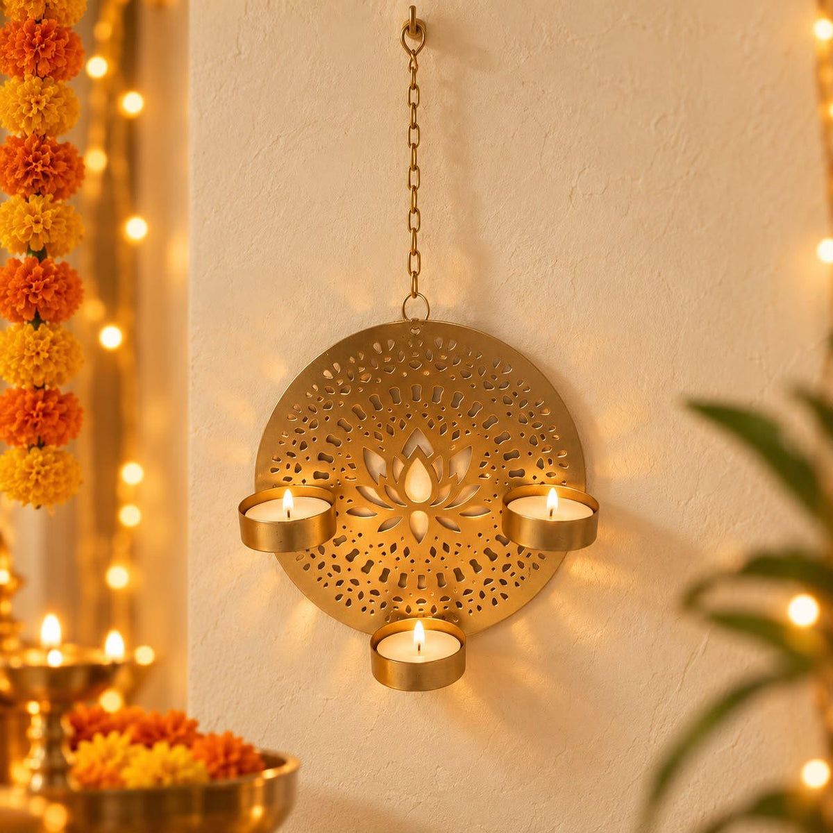 Handcrafted Gold Lotus Tealight Holder | 6" Metal Diya Wall Hanging (Set of 2)