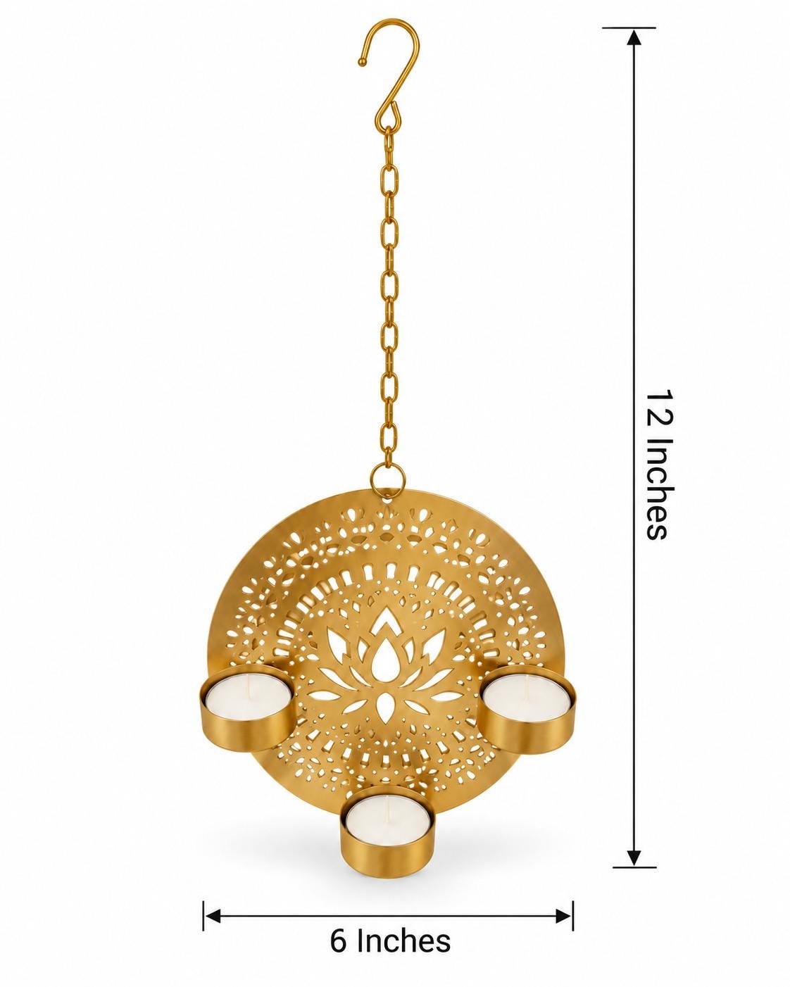 Handcrafted Gold Lotus Tealight Holder | 6" Metal Diya Wall Hanging (Set of 2)