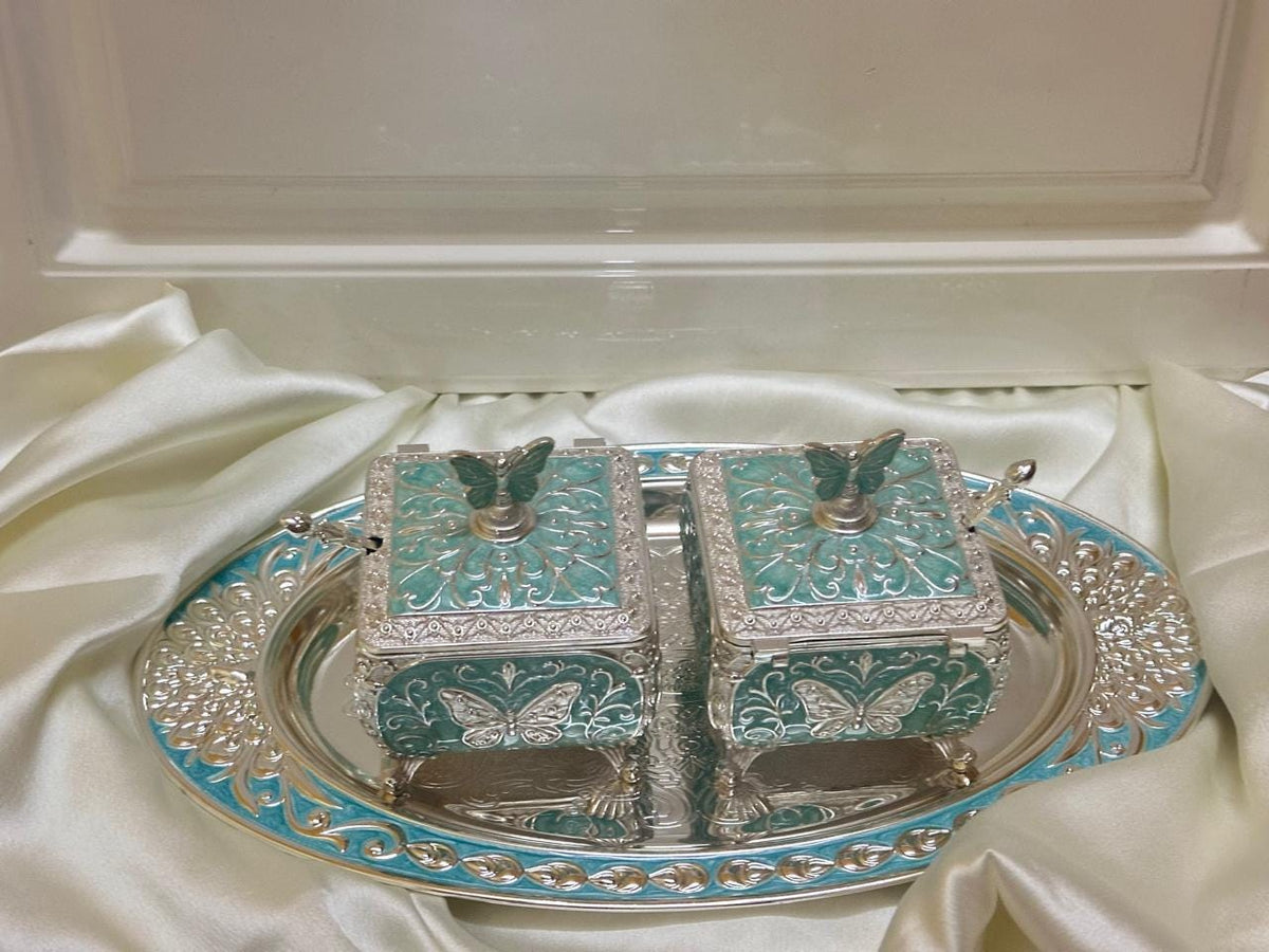 Turquoise Enamel Butterfly Dry Fruit, Sweets, Candies Box Set, Silver Floral Tray, Wedding Gift