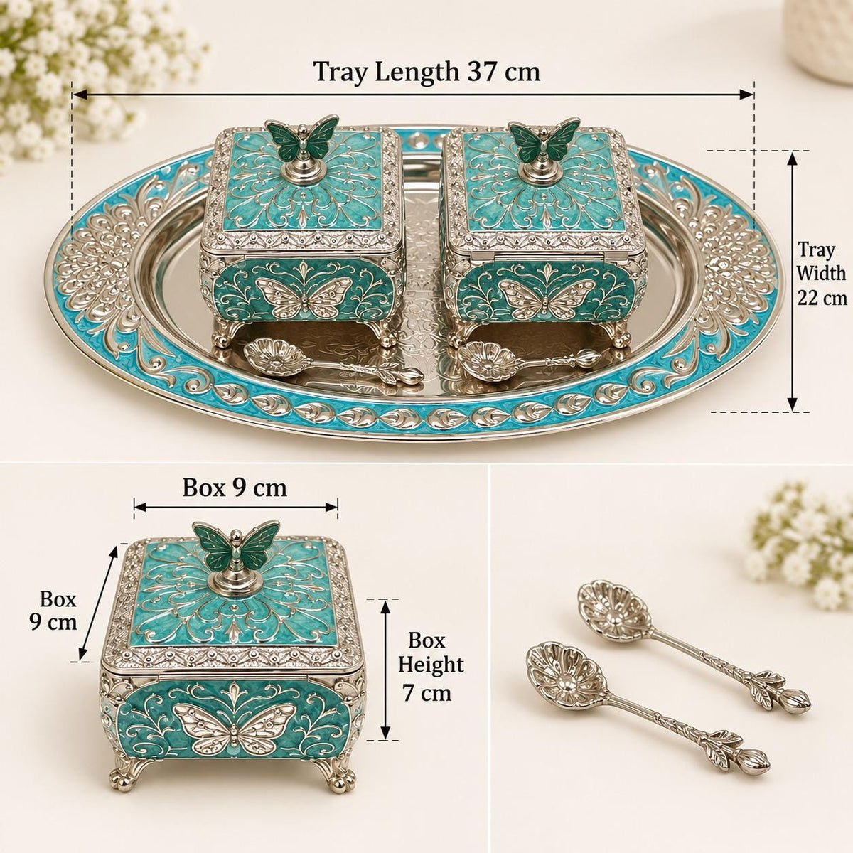 Turquoise Enamel Butterfly Dry Fruit, Sweets, Candies Box Set, Silver Floral Tray, Wedding Gift