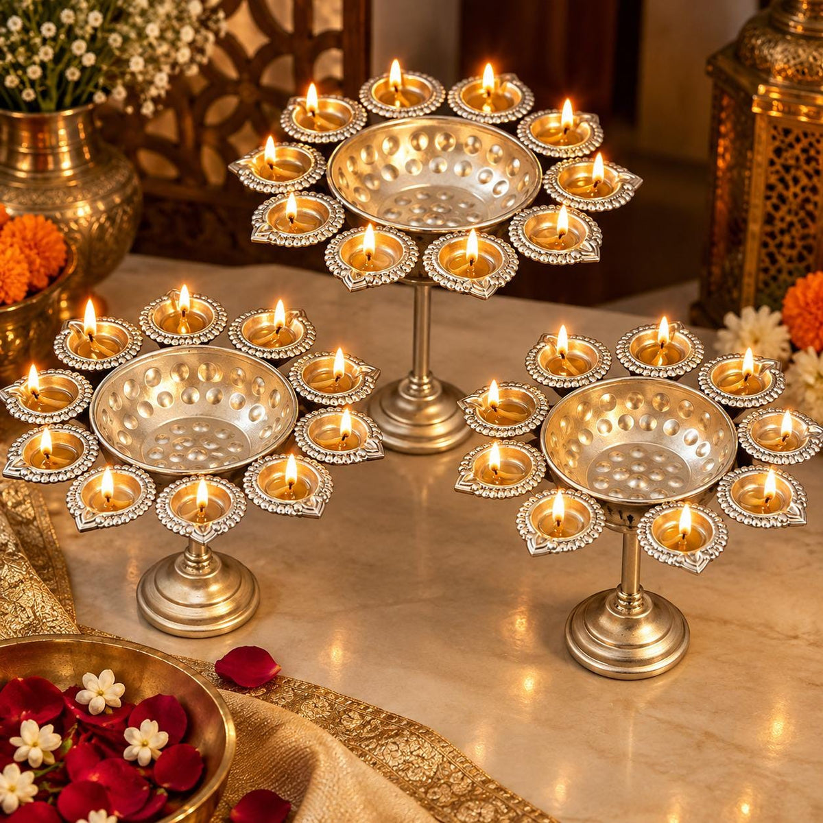 Gold Floral Diya Urli Set | Traditional Indian Diwali Decor (Stand Included)