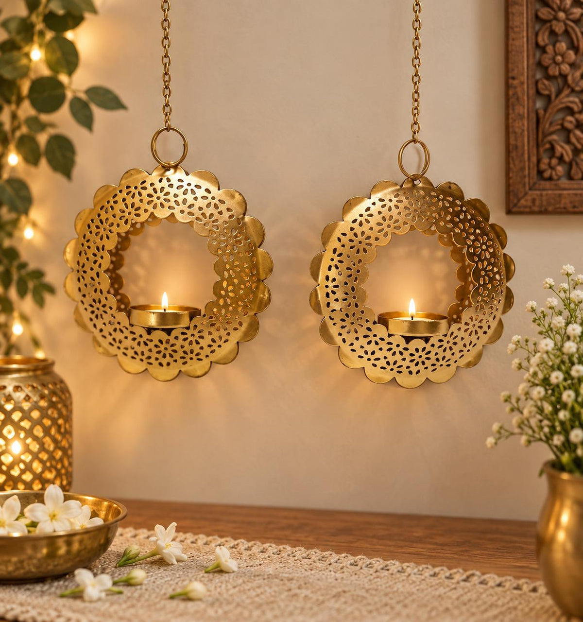 Gold Tone Floral Cutwork Hanging Tealight Holders (Set of 2) | Diwali Pooja Decor