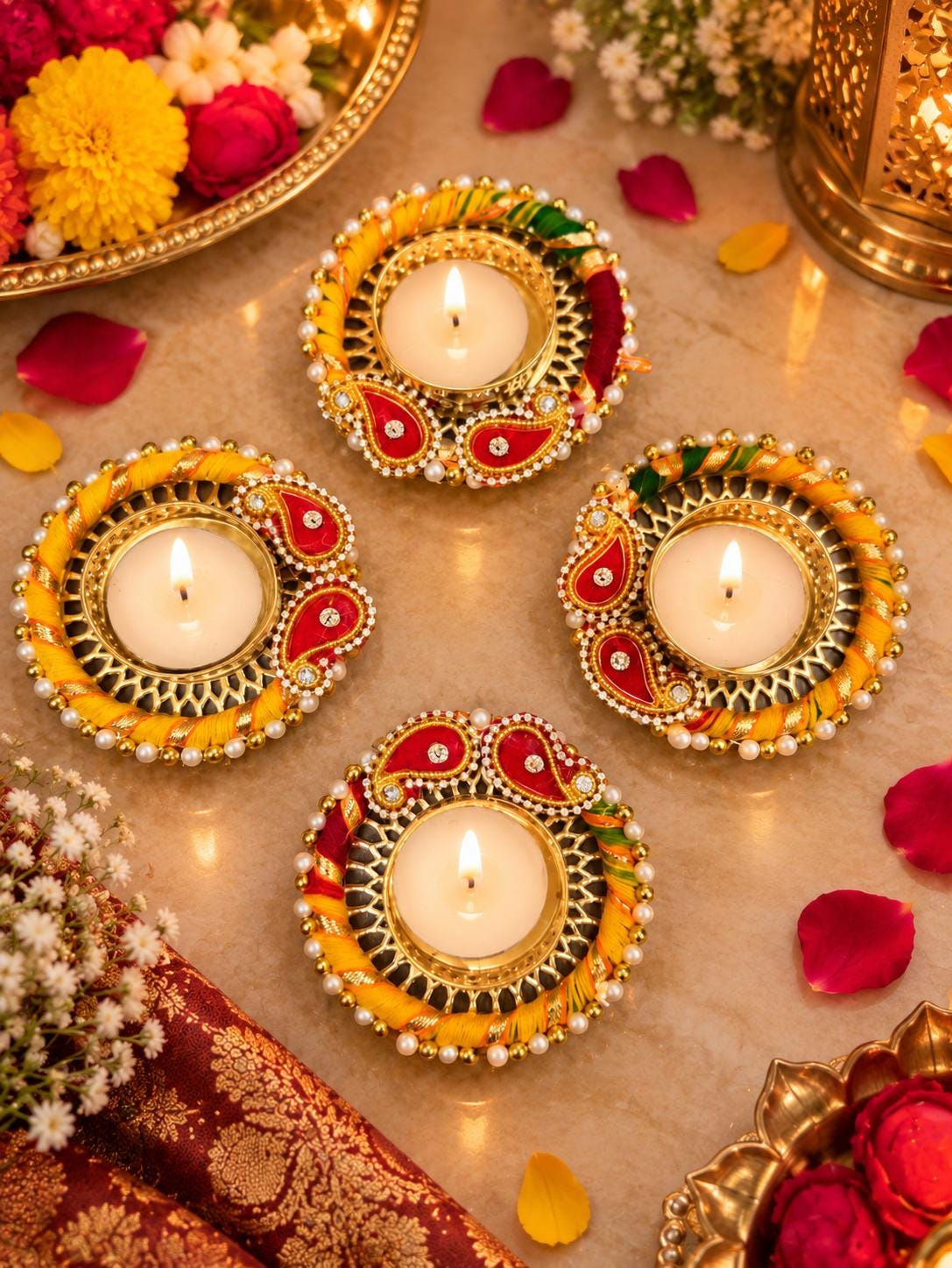 Handmade Peacock Diwali Candle Holders, Gold Tone Pearl Thread Diya Set (3.25 Inch)