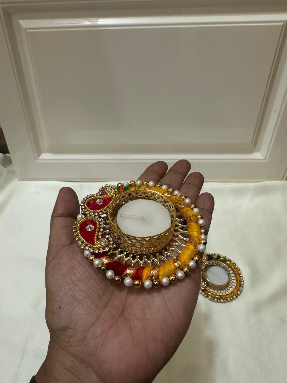 Handmade Peacock Diwali Candle Holders, Gold Tone Pearl Thread Diya Set (3.25 Inch)