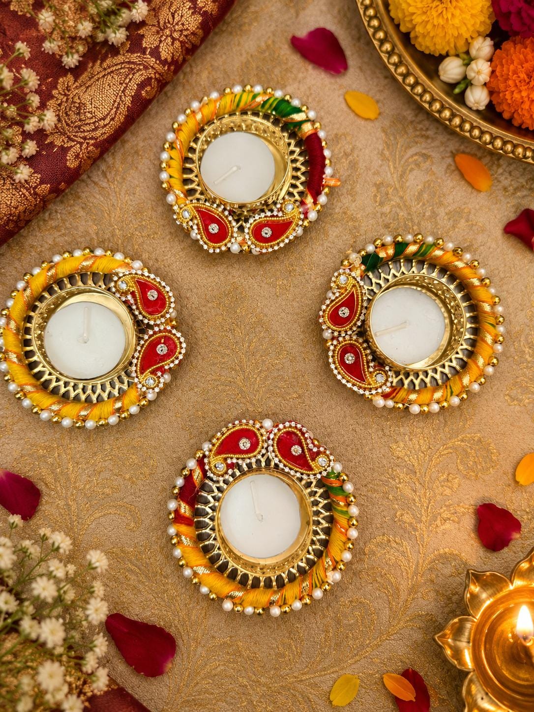 Handmade Peacock Diwali Candle Holders, Gold Tone Pearl Thread Diya Set (3.25 Inch)