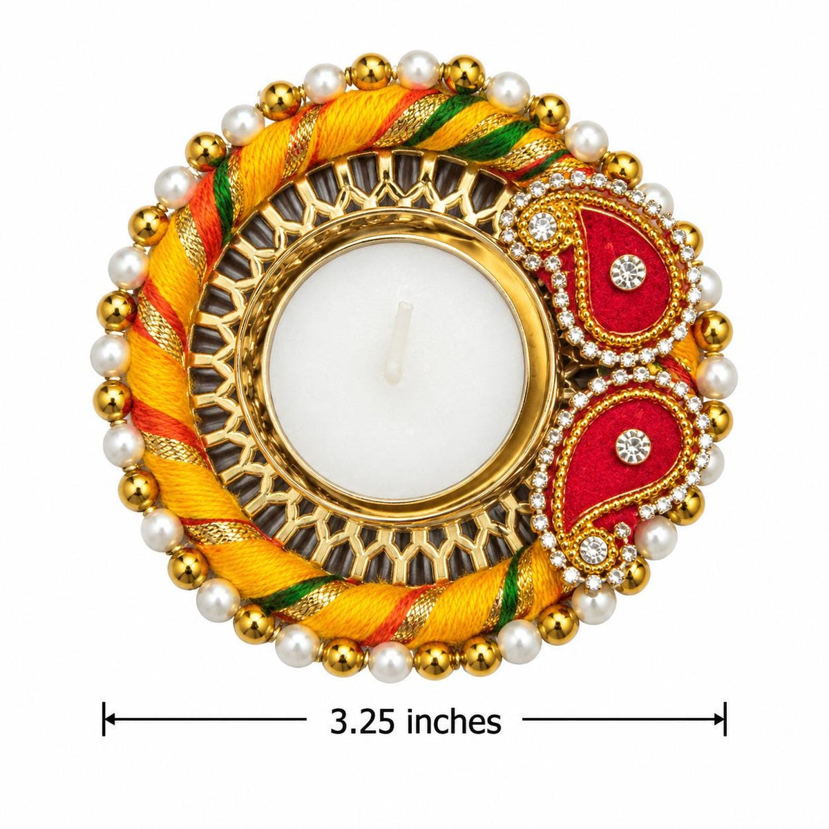 Handmade Peacock Diwali Candle Holders, Gold Tone Pearl Thread Diya Set (3.25 Inch)