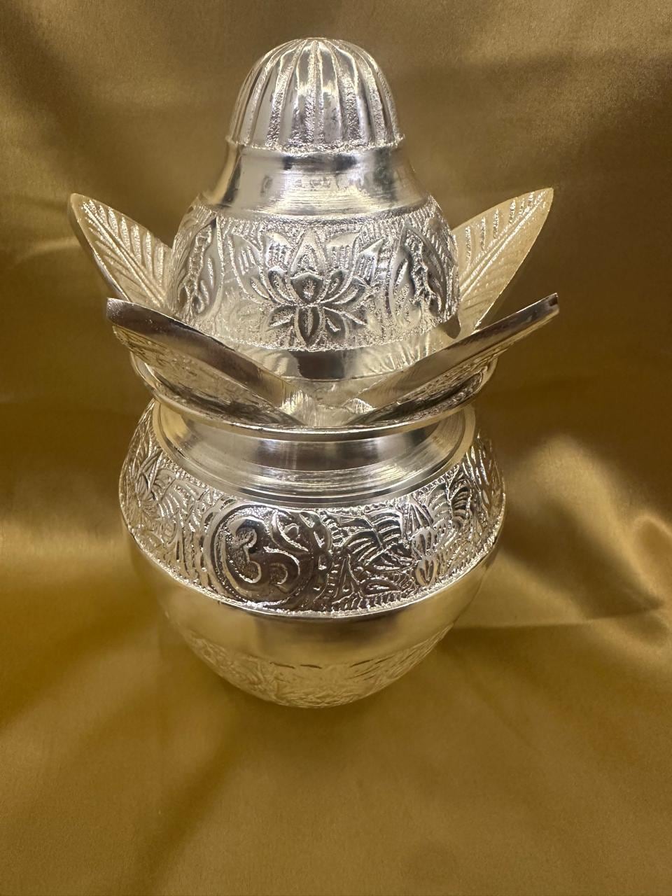 Engraved German Silver Pooja Kalash | Lotus Om Motif, Diwali Puja Decor (4.5*6.5 inches)