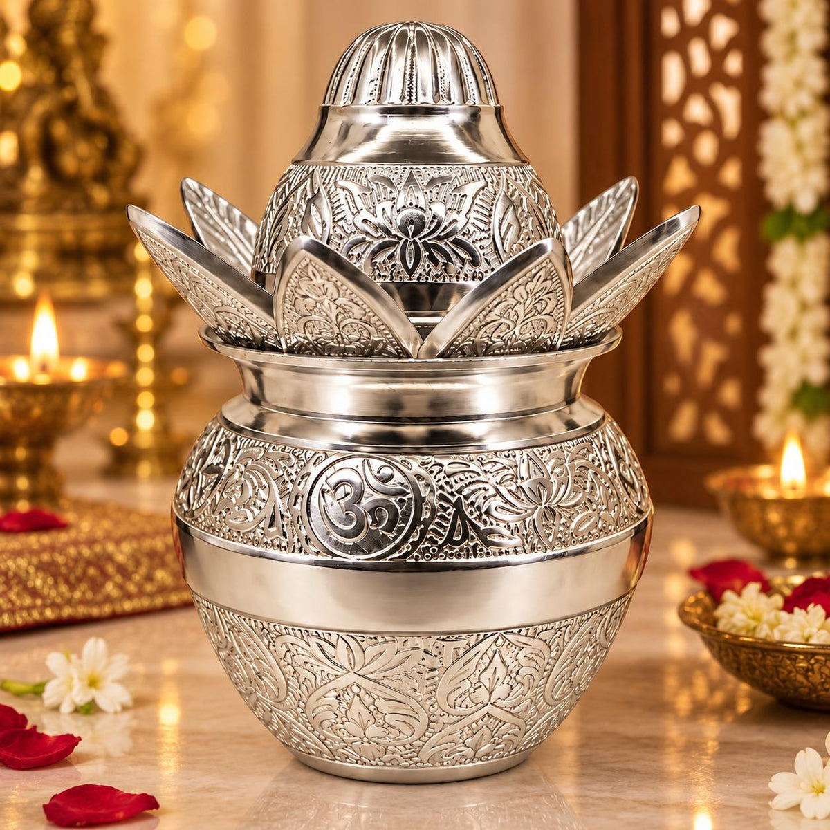 Engraved German Silver Pooja Kalash | Lotus Om Motif, Diwali Puja Decor (4.5*6.5 inches)