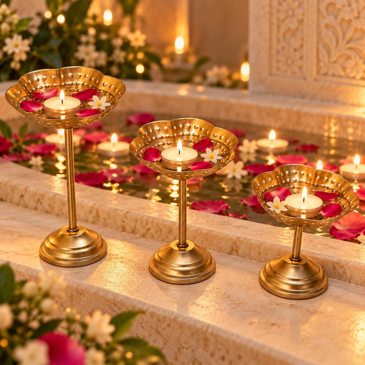 Gold Tone Floral Tealight Stands, Graduated Height Diya Set (5.5-9.5 inches)