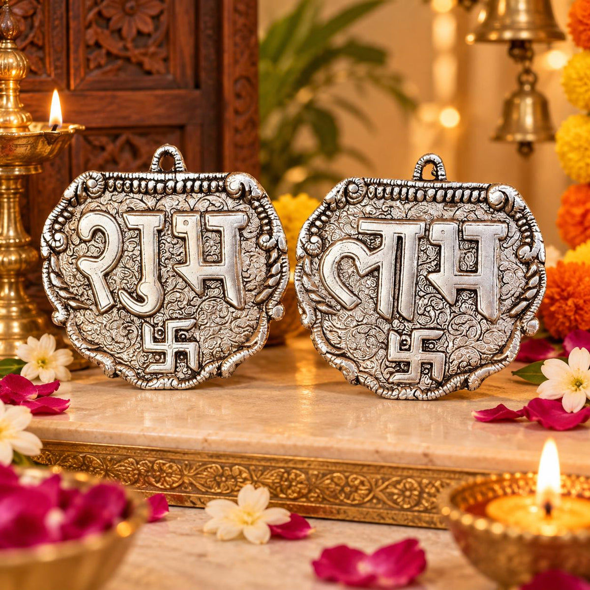 Shubh Labh Wall Hanging Set, Silver Tone Swastik Plaque, Diwali Pooja Decor (4.5 Inch)