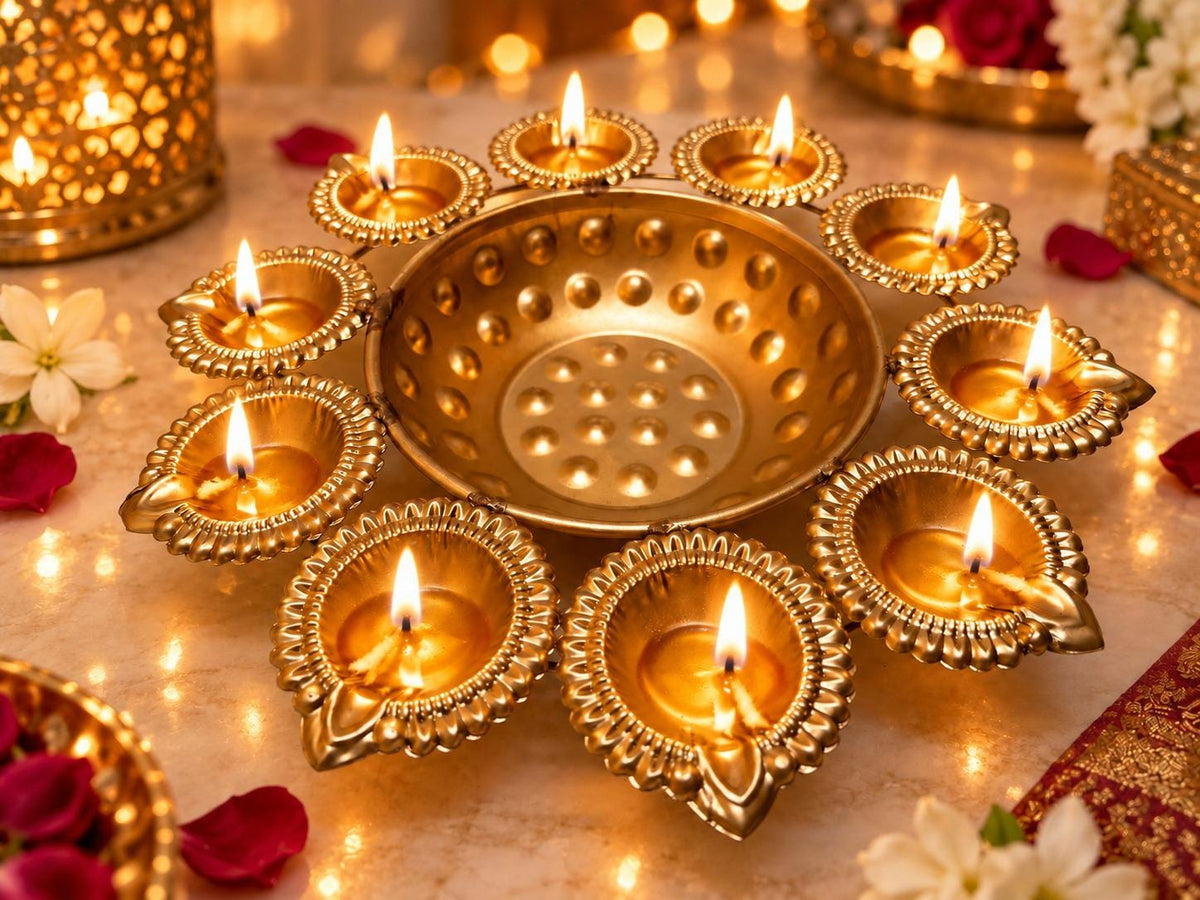 Handcrafted Gold Tone Urli Bowl with Diya Holders, 9.5 Inch, Diwali Pooja Decor