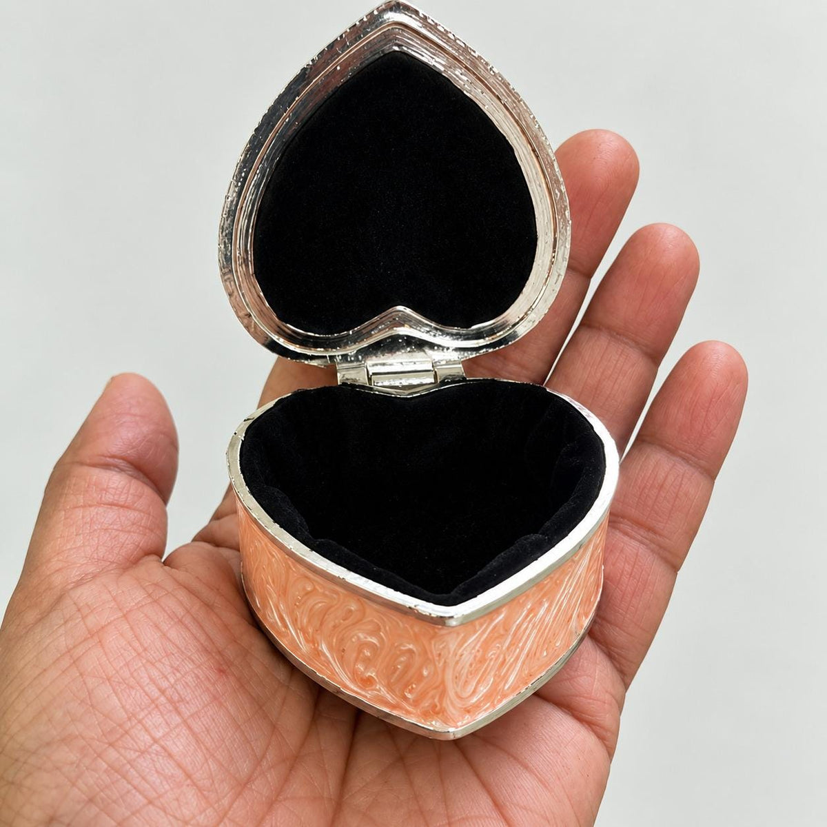 Peach Floral Heart Trinket Box, Silver Accents, Velvet Interior (2.5 x 1 inches)