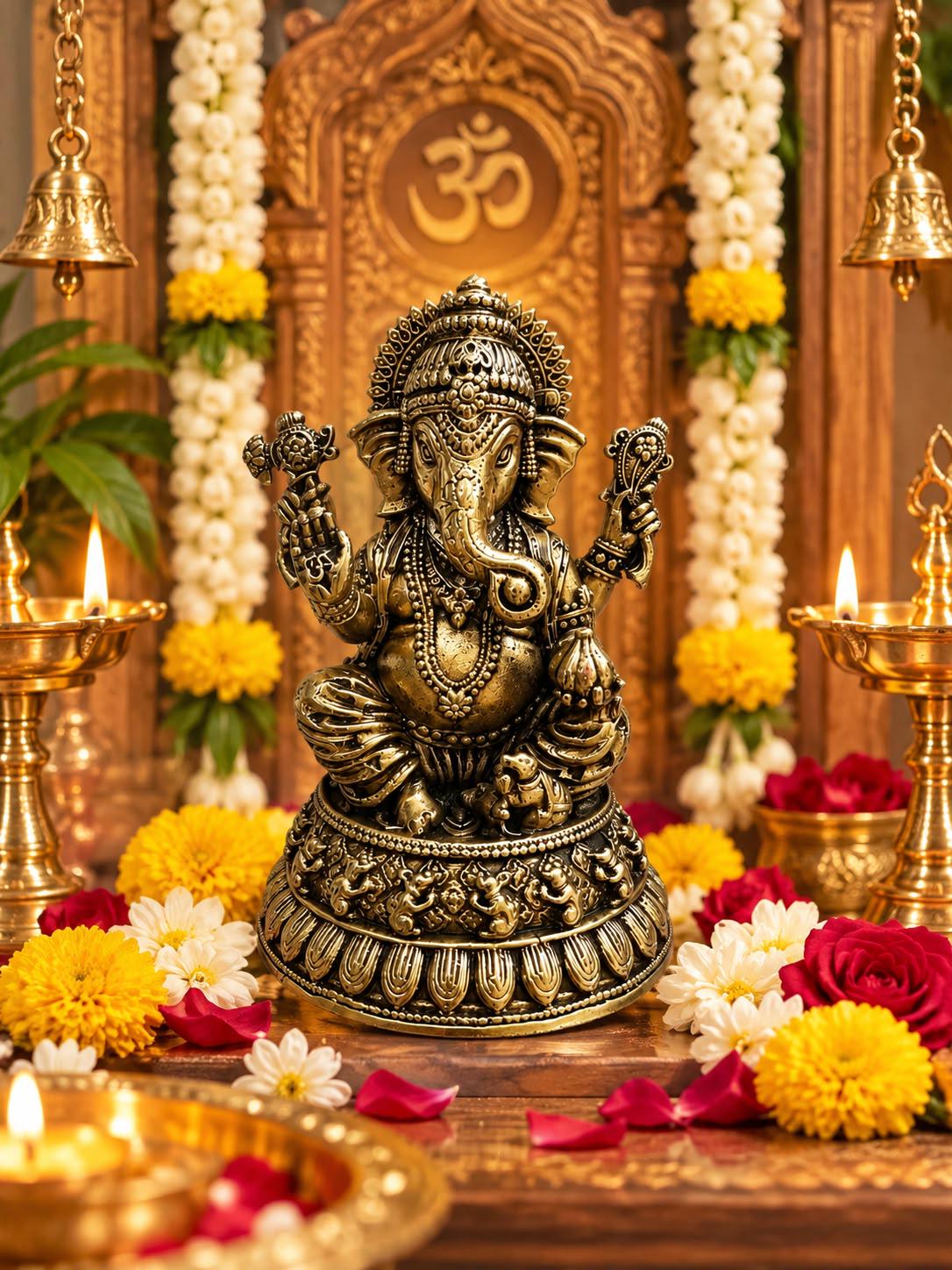 Solid Brass God Ganesha Idol (3 Inches),Hindu God statue for Pooja Temple Decor