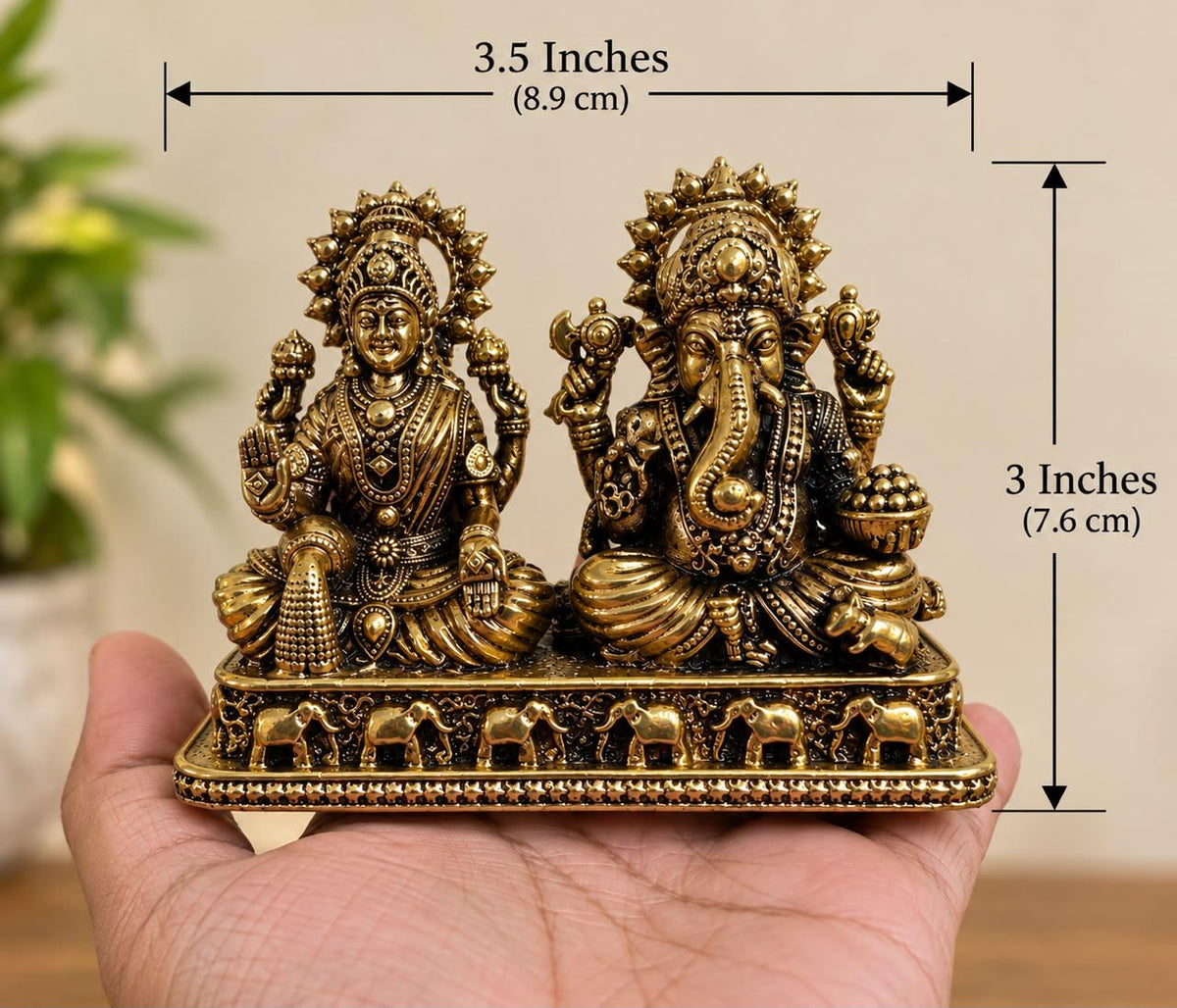 Handcrafted Brass Lakshmi Ganesh Idol, 3x3.5 Inch Hindu Temple Decor