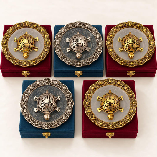 Handcrafted Brass Vastu Tortoise & Ashtalakshmi Plate, Feng Shui Decor (3 Inch Tortoise, 5 Inch Plate) ,Return gift.