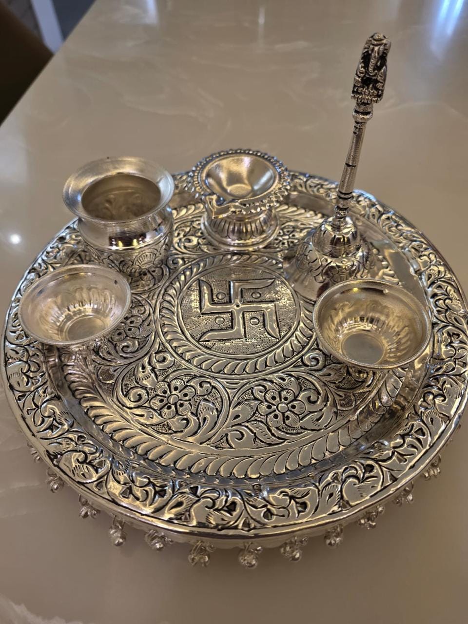 Handcrafted German Silver Pooja Thali Plate Bell Set with Ghungroo, Intricate Engraved Puja Plate with Diya , Diwali Worship Plate