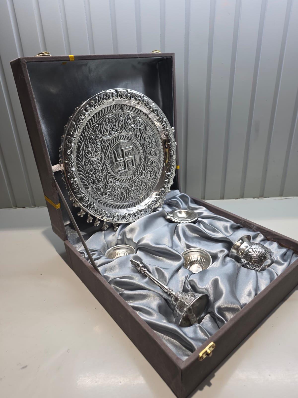 Handcrafted German Silver Pooja Thali Plate Bell Set with Ghungroo, Intricate Engraved Puja Plate with Diya , Diwali Worship Plate