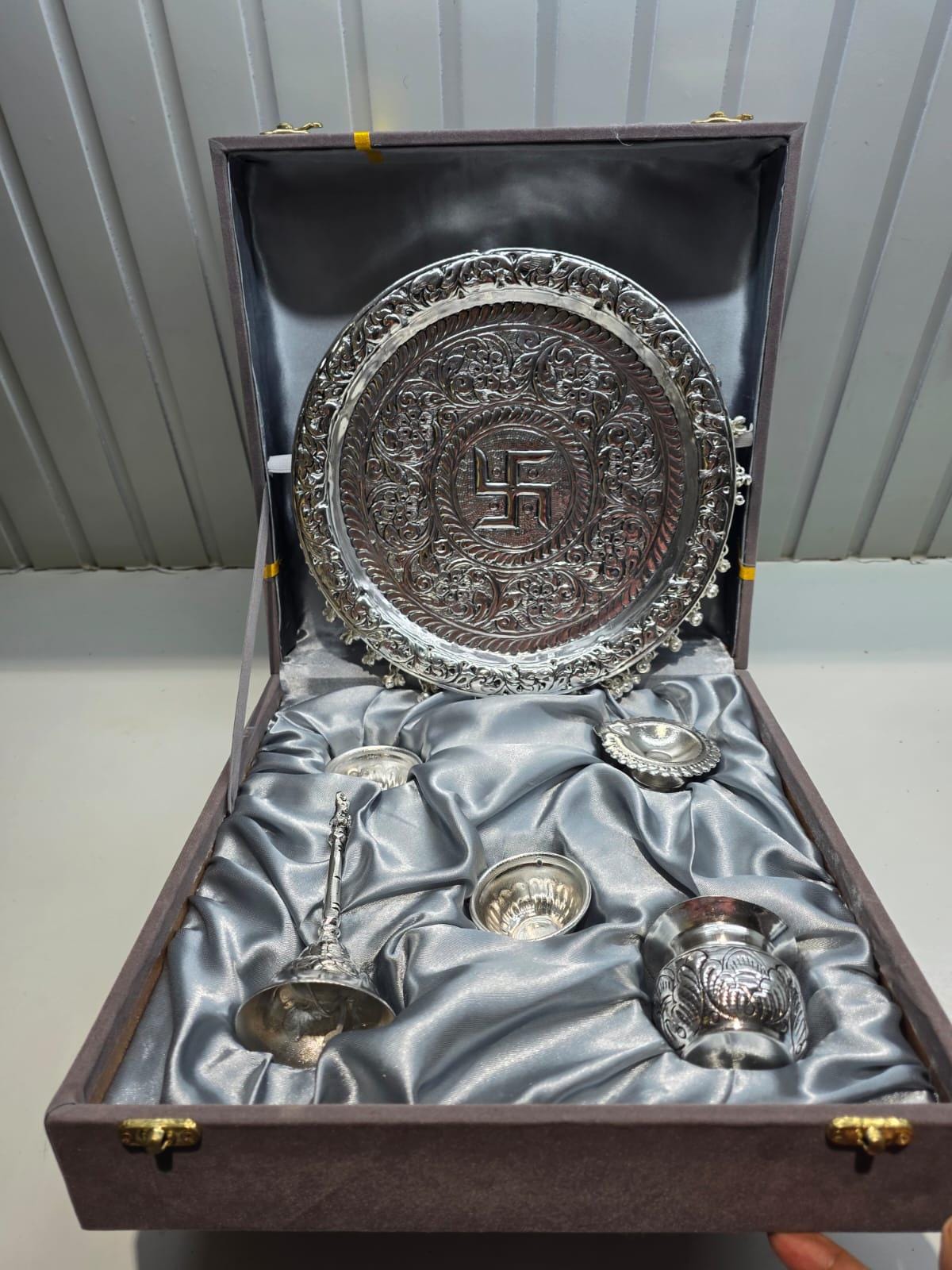 Handcrafted German Silver Pooja Thali Plate Bell Set with Ghungroo, Intricate Engraved Puja Plate with Diya , Diwali Worship Plate