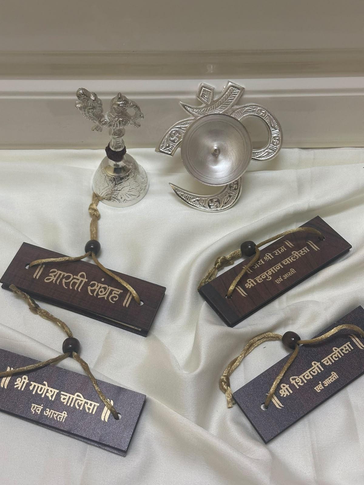 Silver Om Diya & Bell Pooja Set |Hanuman, Shiv, Ganesh Chalisa , puja decor, mandir holybooks traditional Diyas ,