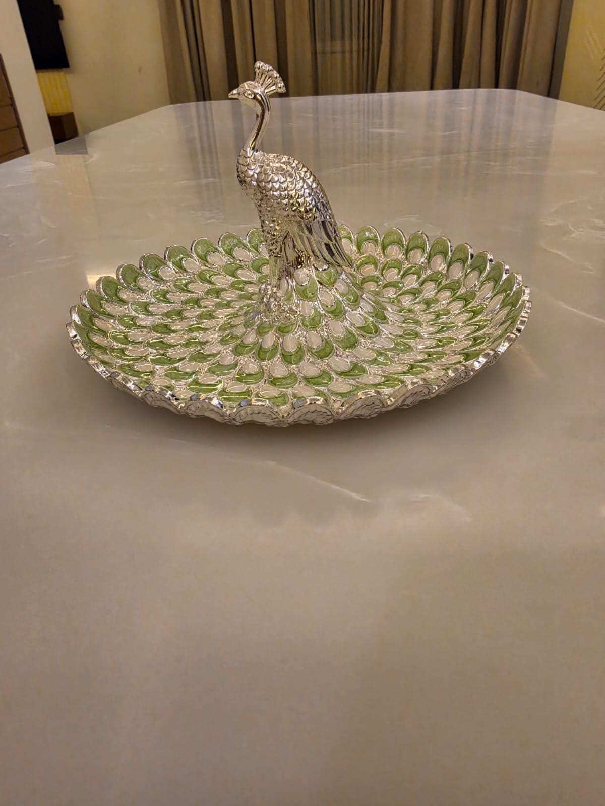 German Silver Peacock Serving Tray, Enamel Centerpiece Bowl (7.5Inches)