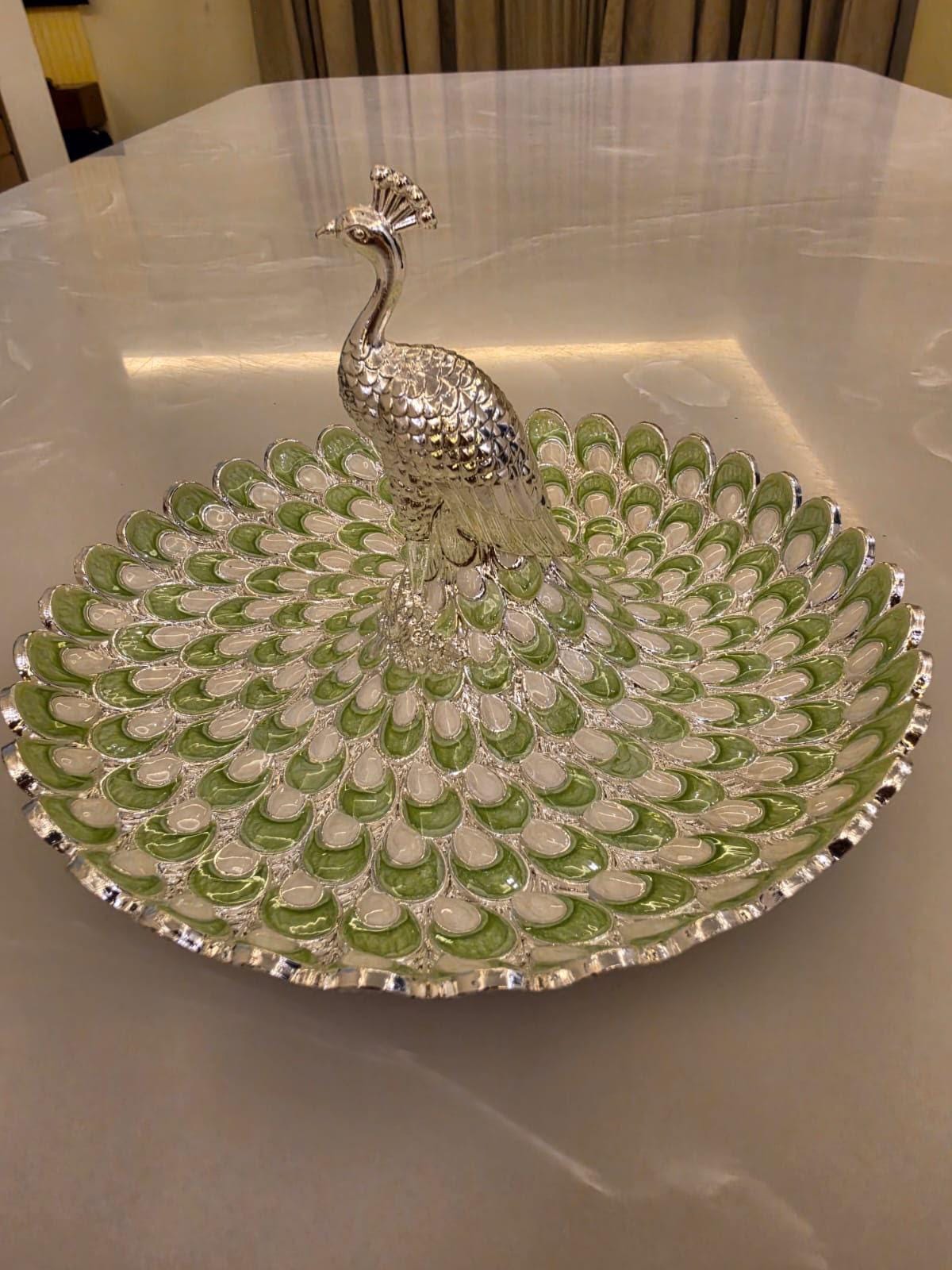 German Silver Peacock Serving Tray, Enamel Centerpiece Bowl (7.5Inches)
