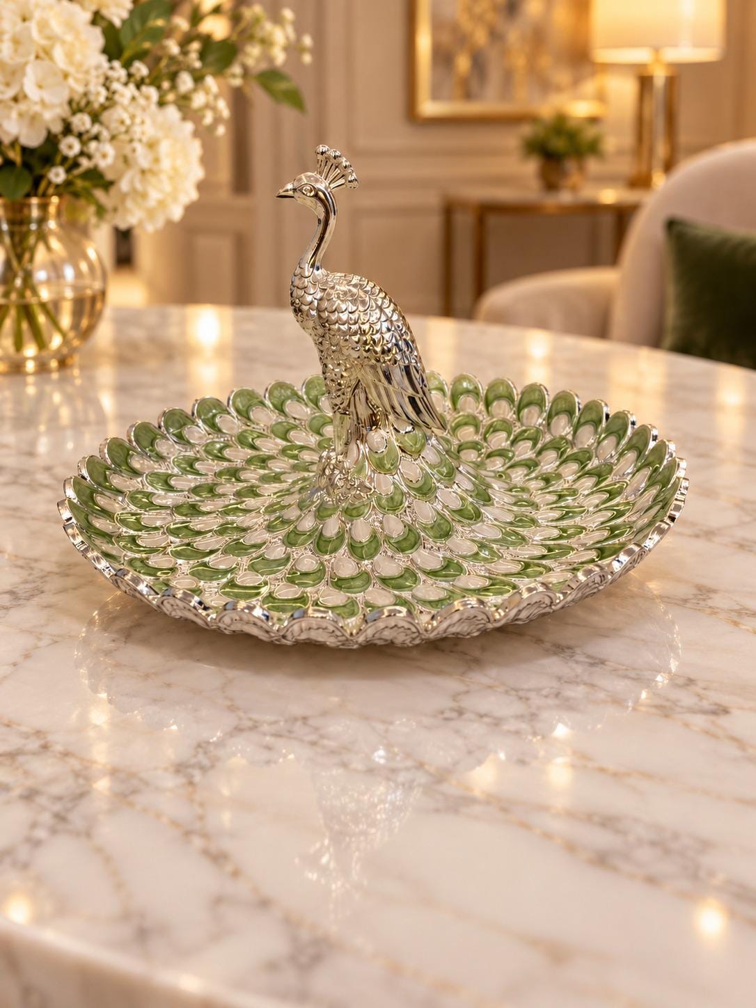German Silver Peacock Serving Tray, Enamel Centerpiece Bowl (7.5Inches)
