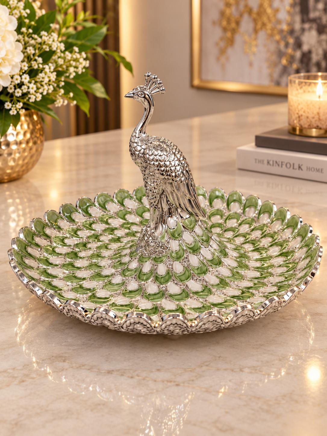 German Silver Peacock Serving Tray, Enamel Centerpiece Bowl (7.5Inches)