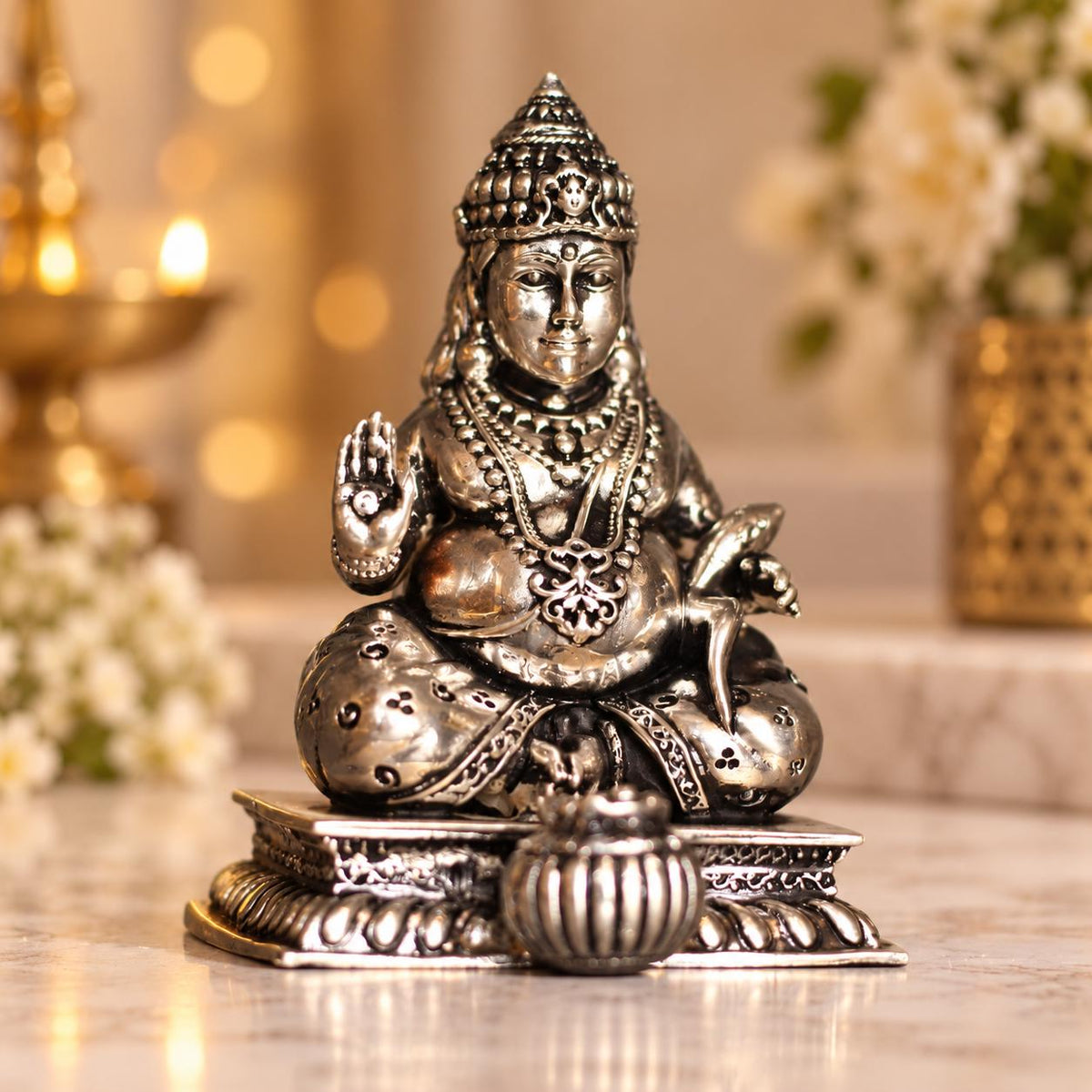 Silver Plated Lord Kuber Statue, Hindu God of Wealth Idol (4x2.5 Inches)