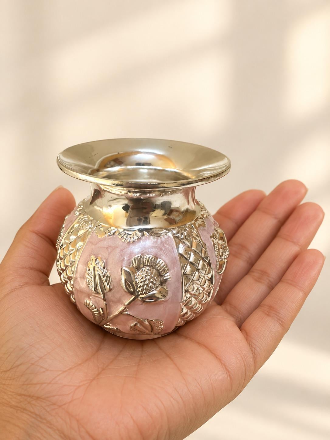 German Silver Mini Puja Kalash, Enamel Mandir Decor, Diwali Gift (2.5x2.2)