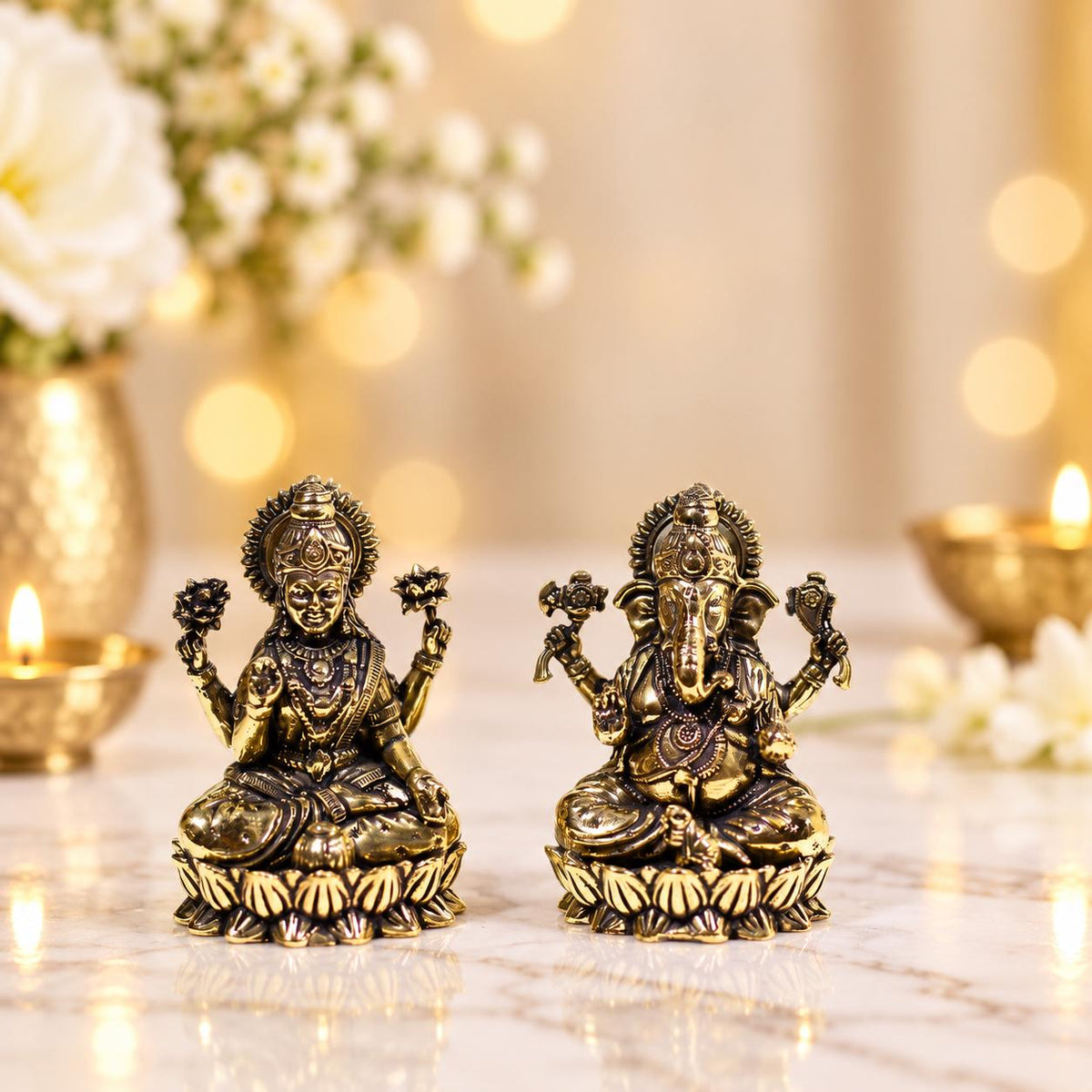 Brass Lakshmi Ganesha Idol For Home Mandir , 2x1 Inch, Home Temple Decor, Diwali Puja Essential
