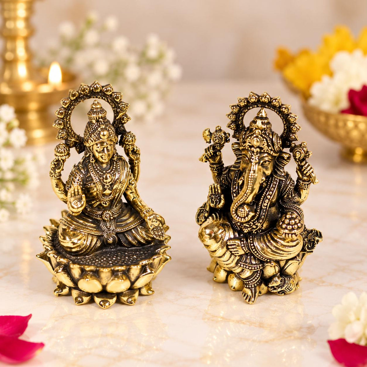 Brass Lakshmi Ganesha Idol For Home Mandir , 2x1 Inch, Home Temple Decor, Diwali Puja Essential