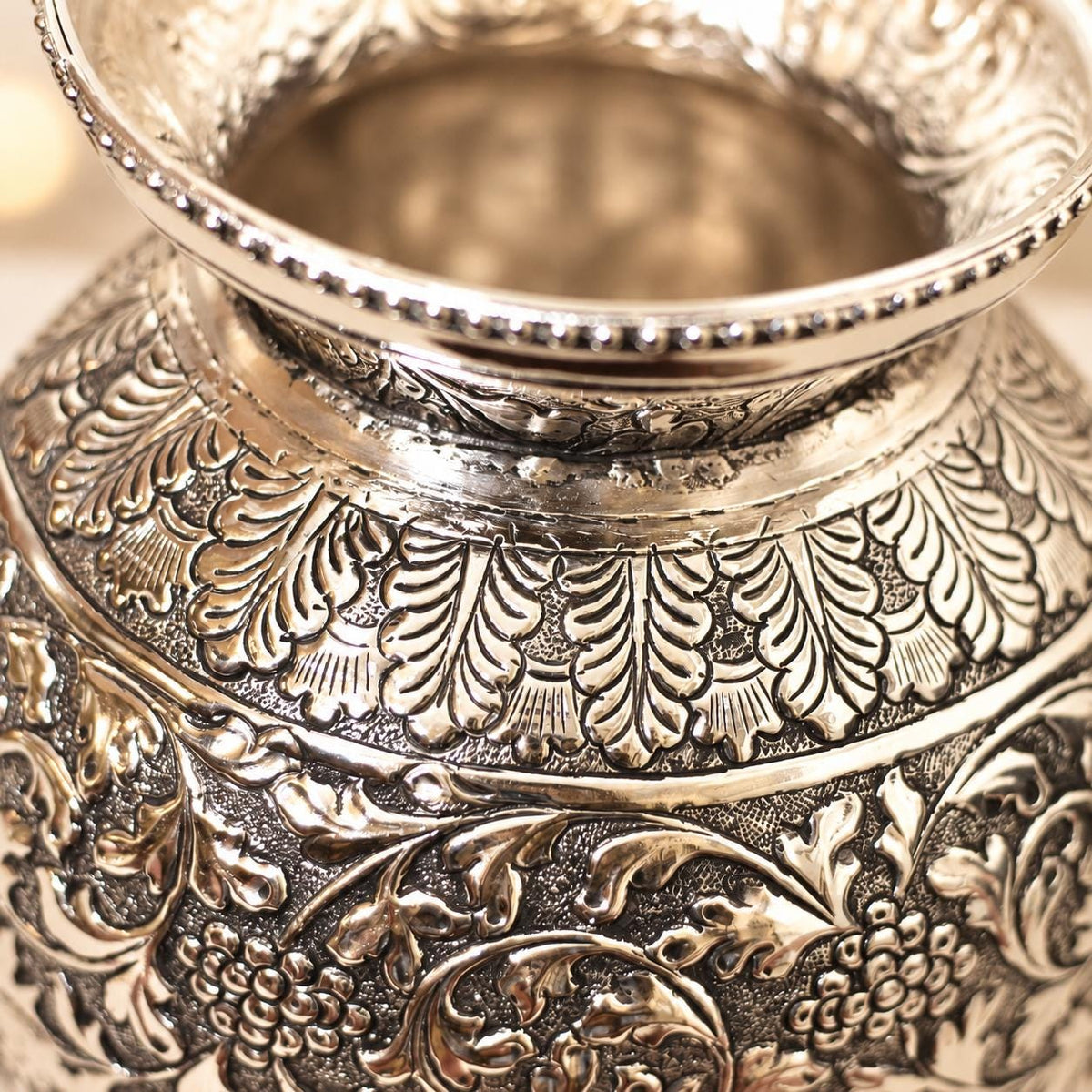 German Silver Floral Engraved Kalash, 10x5 Inch Pooja Pot, AshtaLakshmi Home Decor