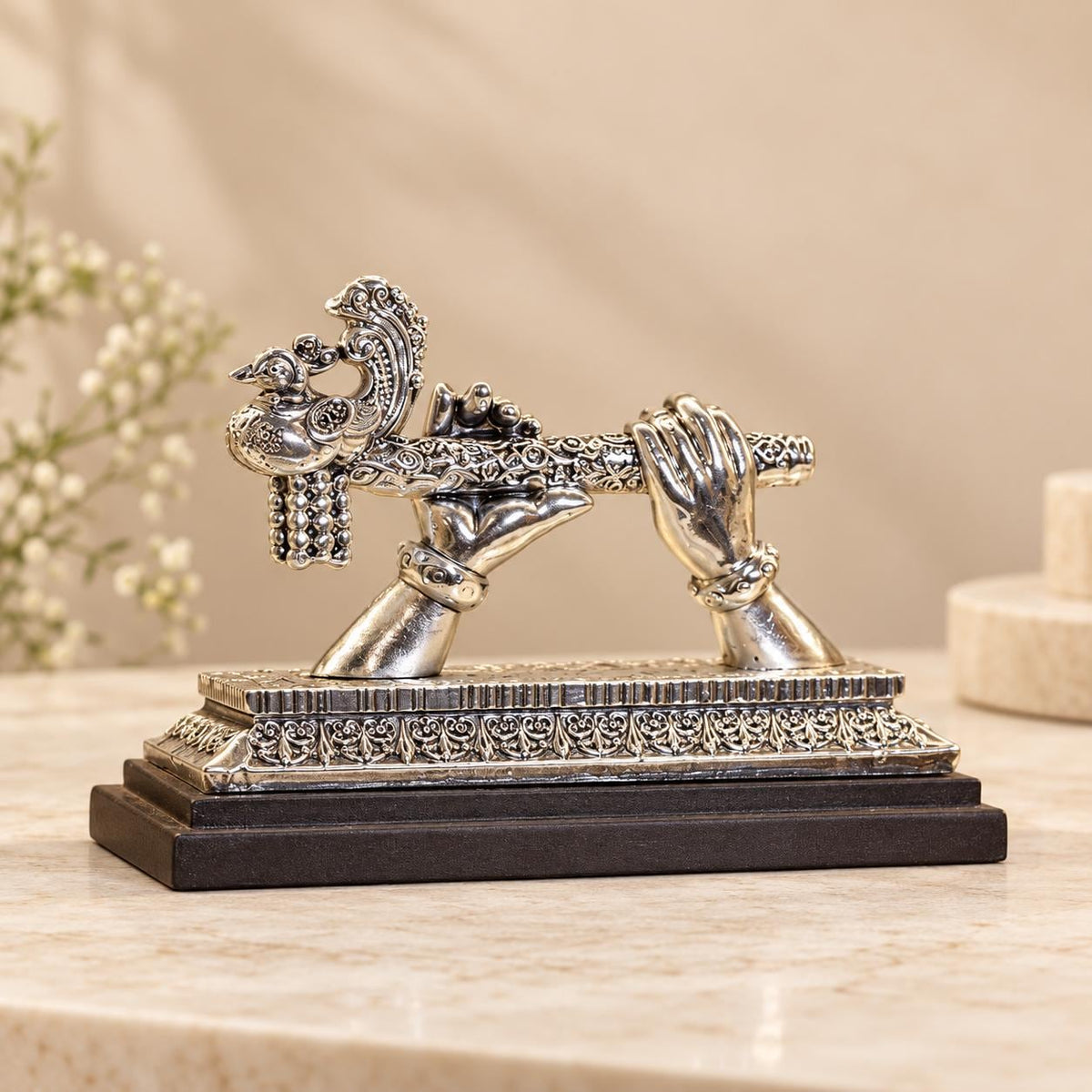 Silver Plated Krishna Hand & Flute Figurine, Peacock Motif, Wooden Base (5x7.5")