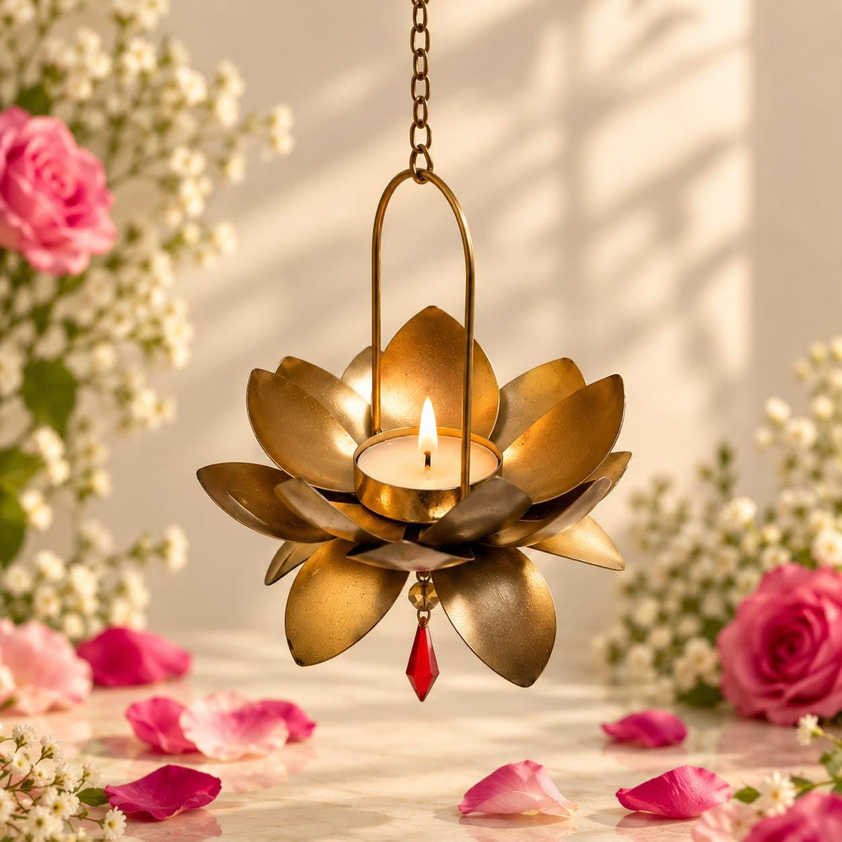 Handcrafted Gold Lotus Tealight Holder, 13 Inch Hanging Candle Decor (2 Piece)