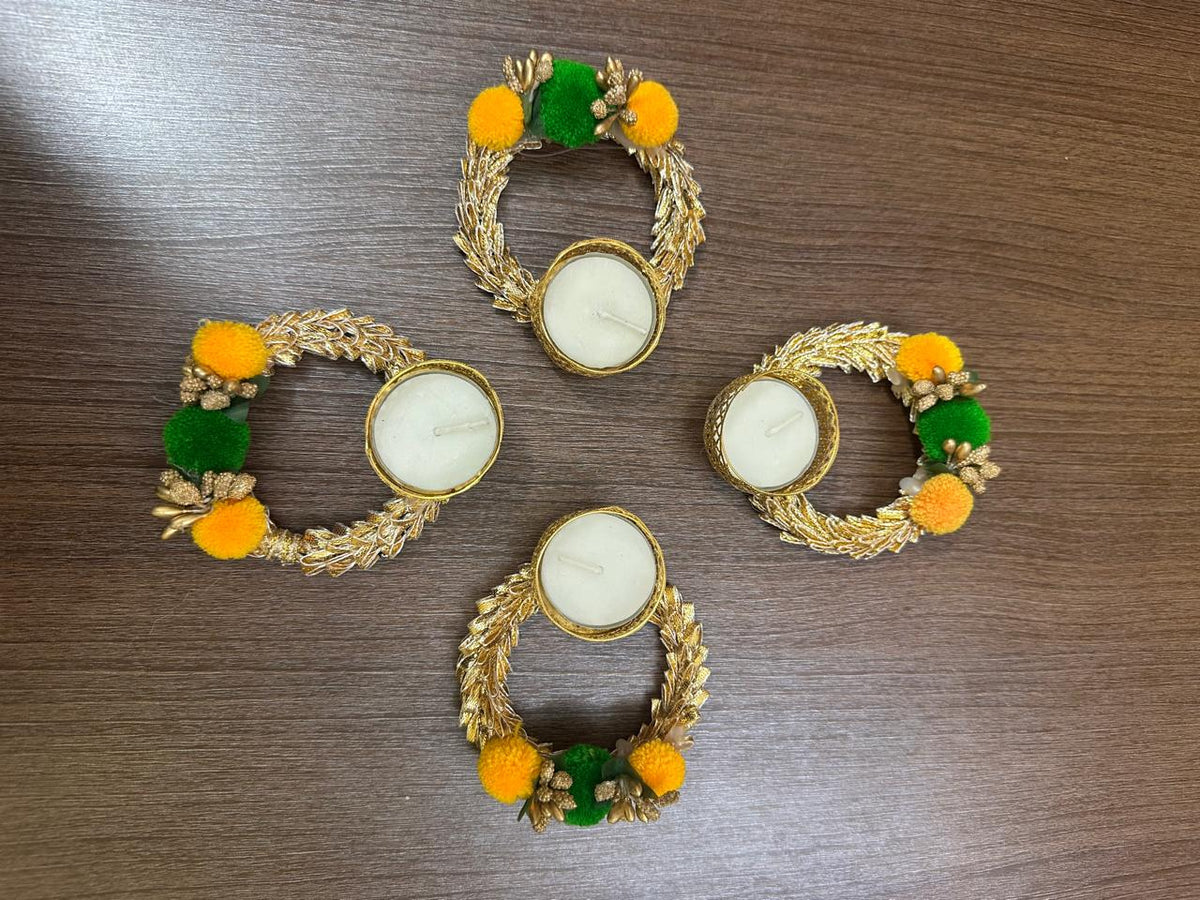 Gold Floral Pom-Pom Tealight Holder | 4-Inch Diwali Pooja Decor (200 pcs)