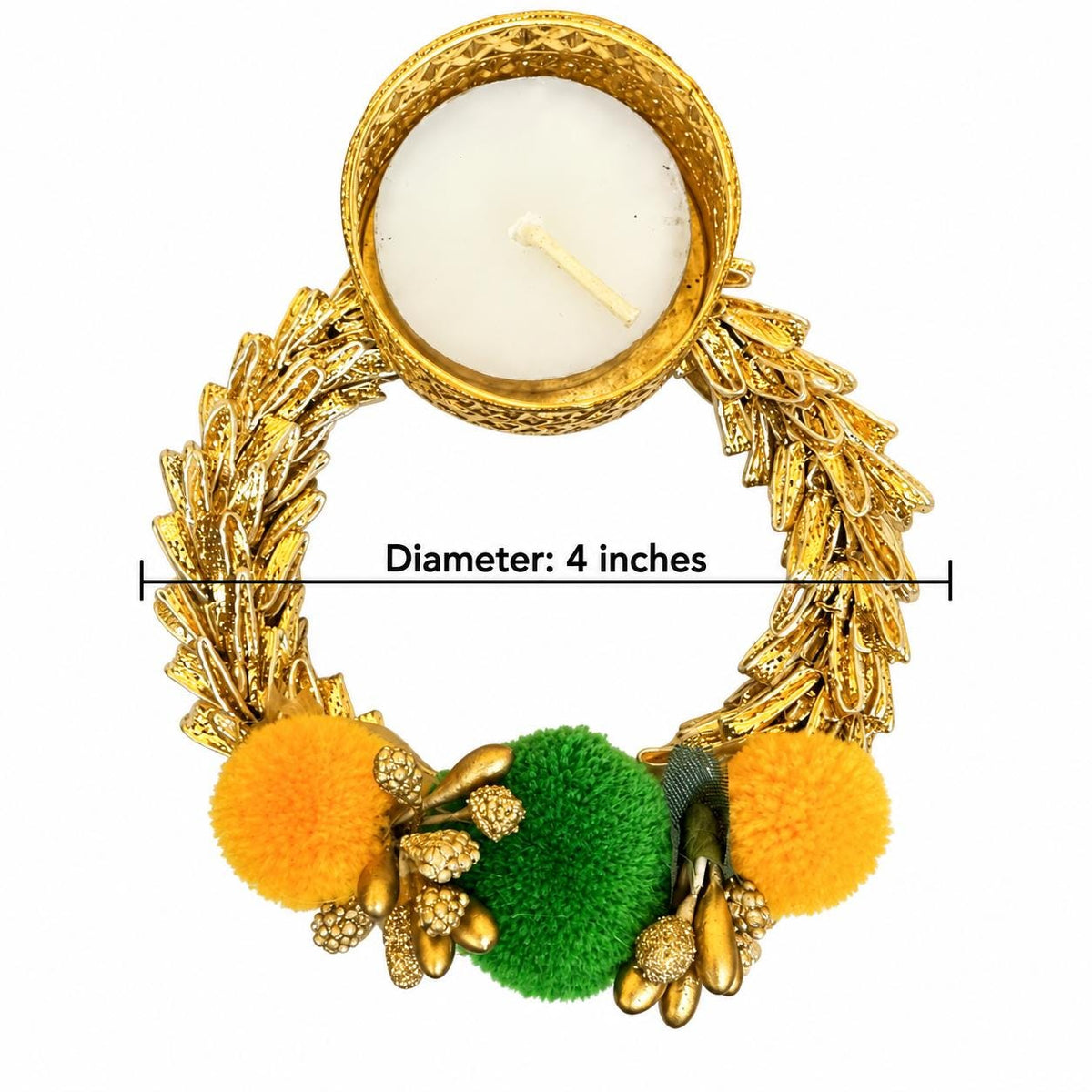 Gold Floral Pom-Pom Tealight Holder | 4-Inch Diwali Pooja Decor (200 pcs)
