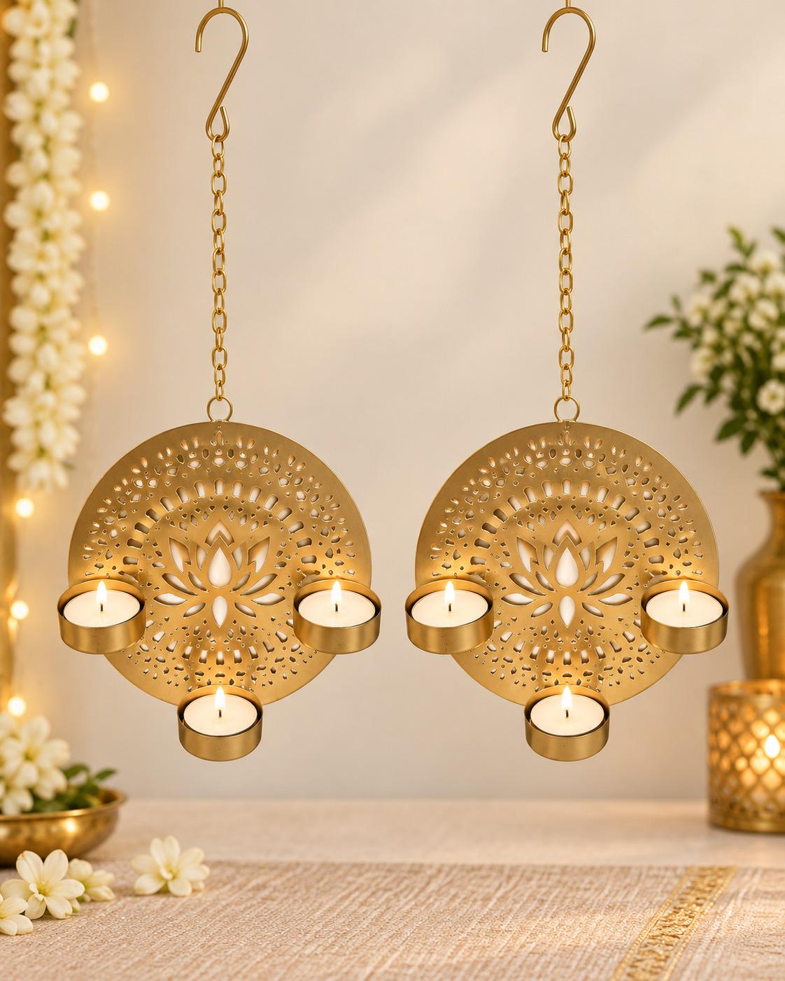 Handcrafted Gold Lotus Tealight Holder | 6" Metal Diya Wall Hanging (Set of 2)