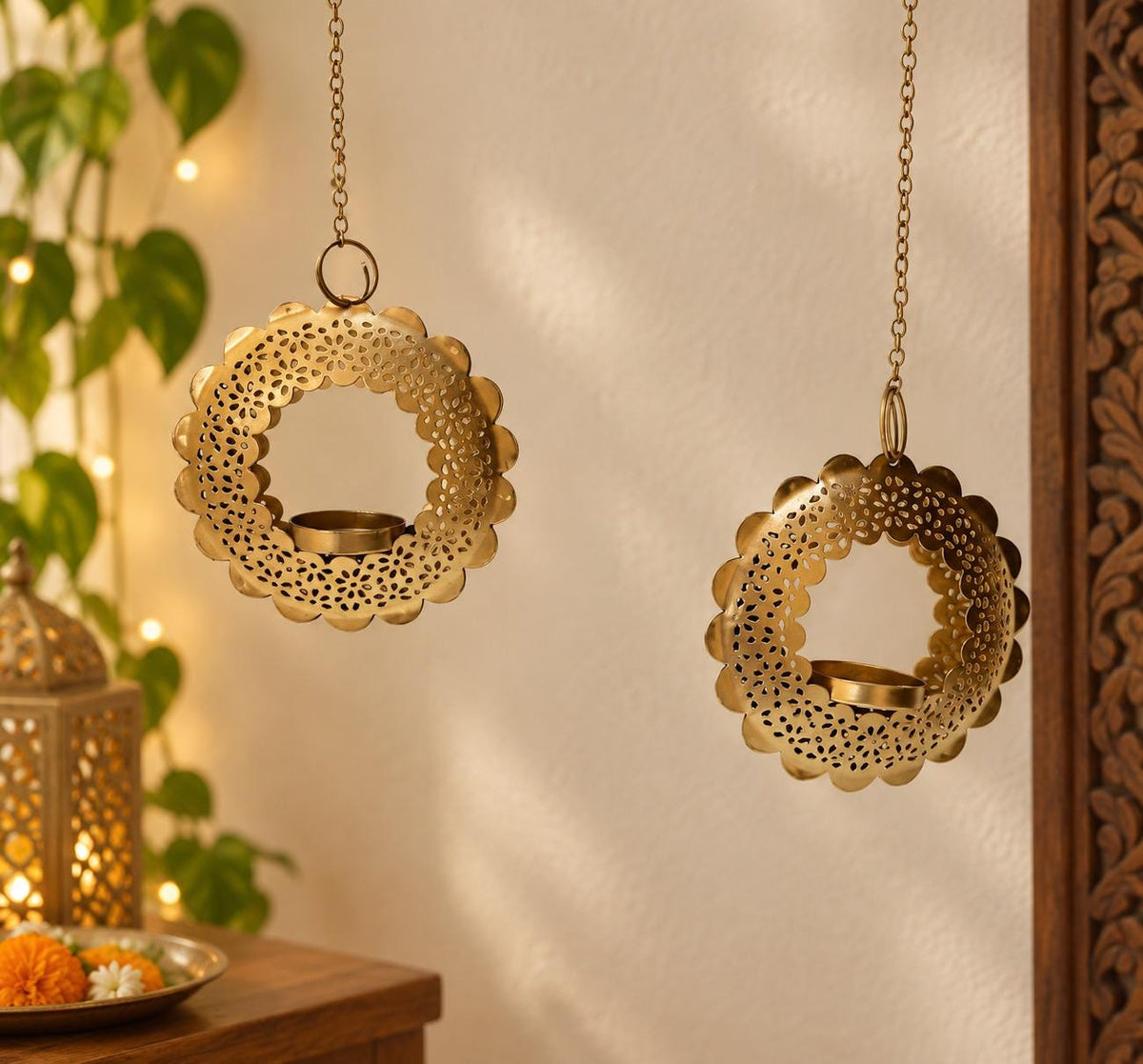 Gold Tone Floral Cutwork Hanging Tealight Holders (Set of 2) | Diwali Pooja Decor