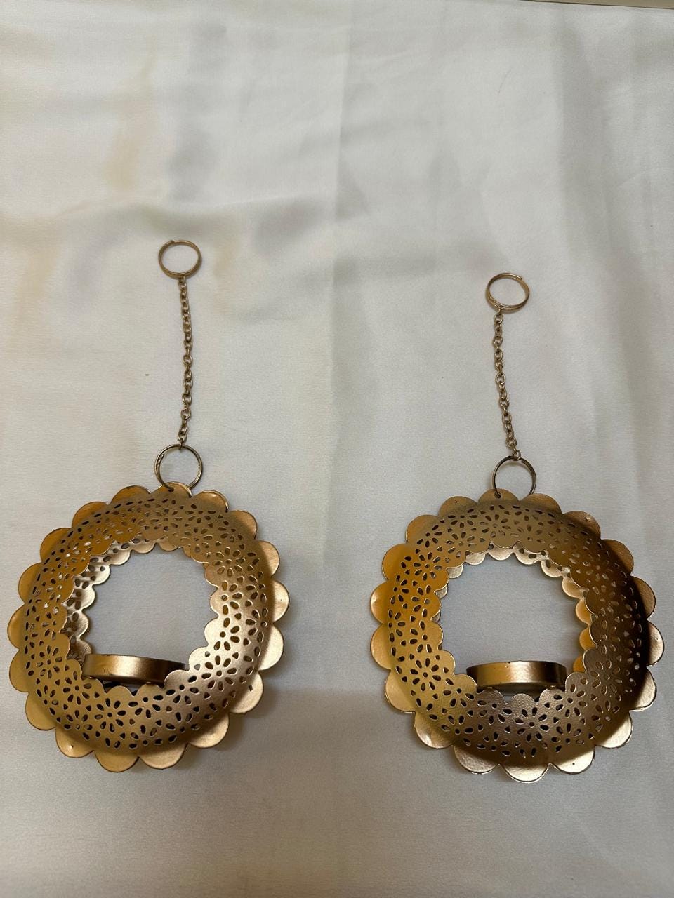 Gold Tone Floral Cutwork Hanging Tealight Holders (Set of 2) | Diwali Pooja Decor