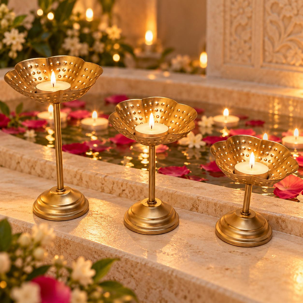 Gold Tone Floral Tealight Stands, Graduated Height Diya Set (5.5-9.5 inches)