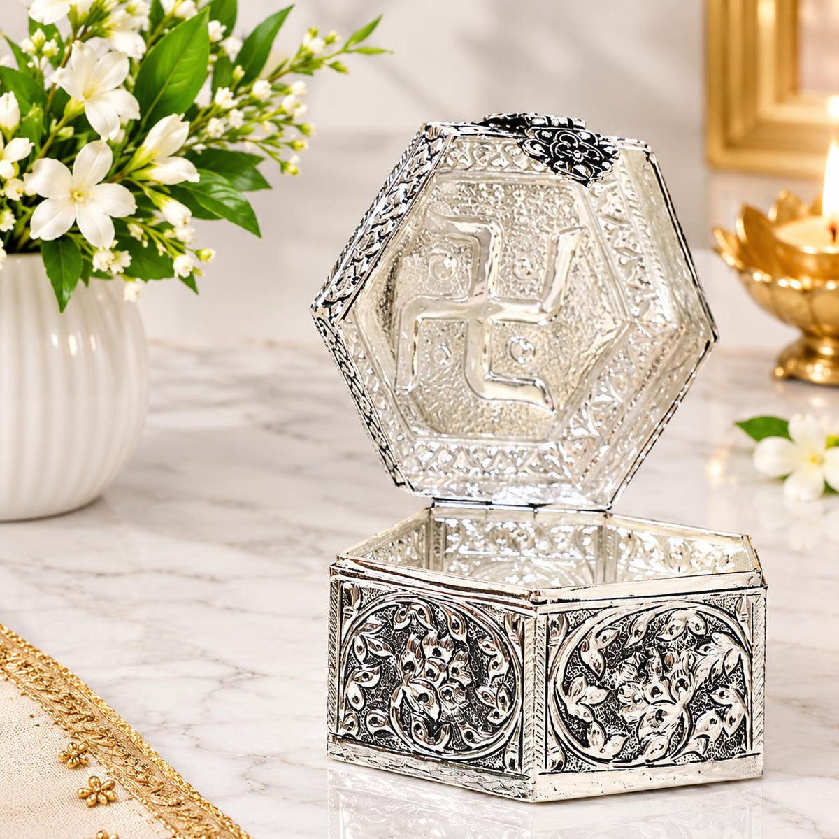 Antique Silver Plated Swastika Trinket Box (2.5x4 inches), Hexagonal Embossed Jewelry Container,Sacred Hindu Pooja Box,Vintage Trinket Gift.
