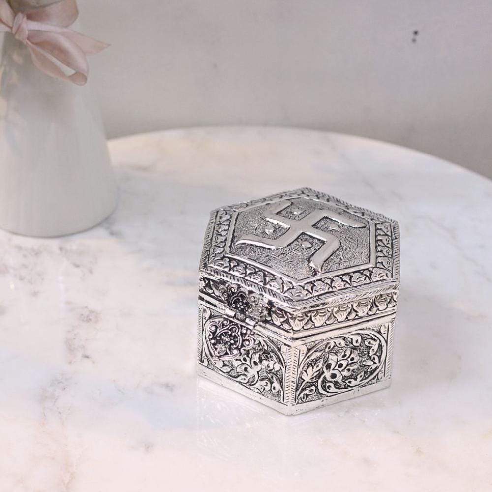 Antique Silver Plated Swastika Trinket Box (2.5x4 inches), Hexagonal Embossed Jewelry Container,Sacred Hindu Pooja Box,Vintage Trinket Gift.