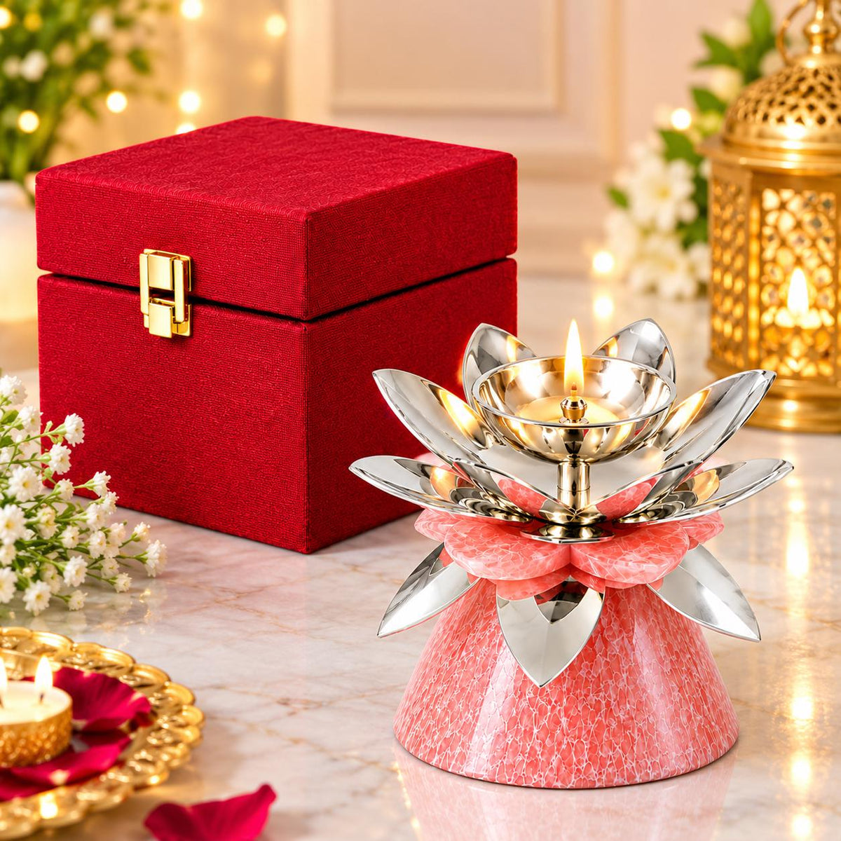 Silver Plated Lotus Diya with Pink Resin Stand, Indian Puja Decor (4x5 Inches)-Diwali Gift, Traditional Diya