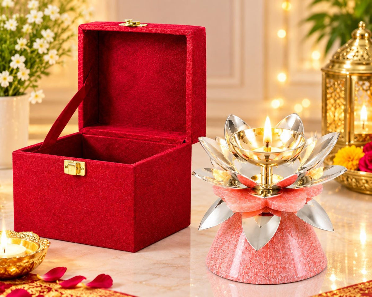 Silver Plated Lotus Diya with Pink Resin Stand, Indian Puja Decor (4x5 Inches)-Diwali Gift, Traditional Diya