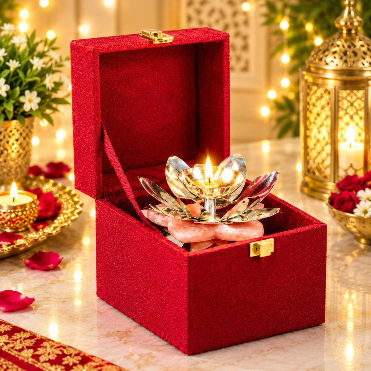 Silver Plated Lotus Diya with Pink Resin Stand, Indian Puja Decor (4x5 Inches)-Diwali Gift, Traditional Diya