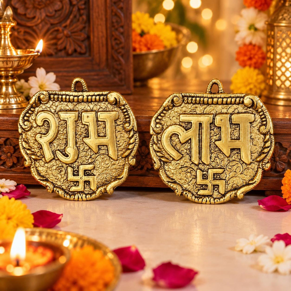 Shubh Labh Wall Hanging Set, Silver Tone Swastik Plaque, Diwali Pooja Decor (4.5 Inch)