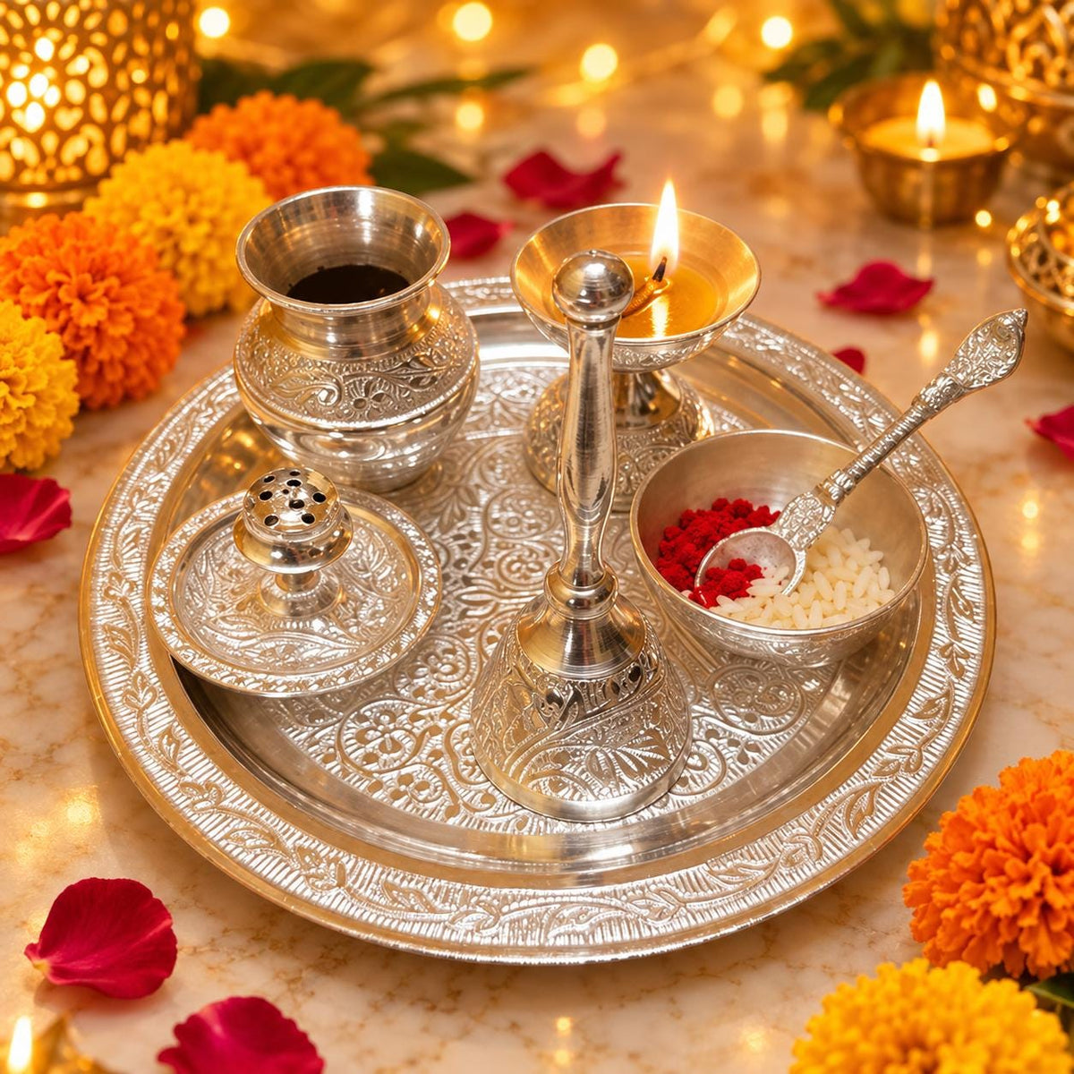 Handcrafted German Silver Pooja Thali Set – 8 Inch, Engraved, Velvet Box (7 Piece)
