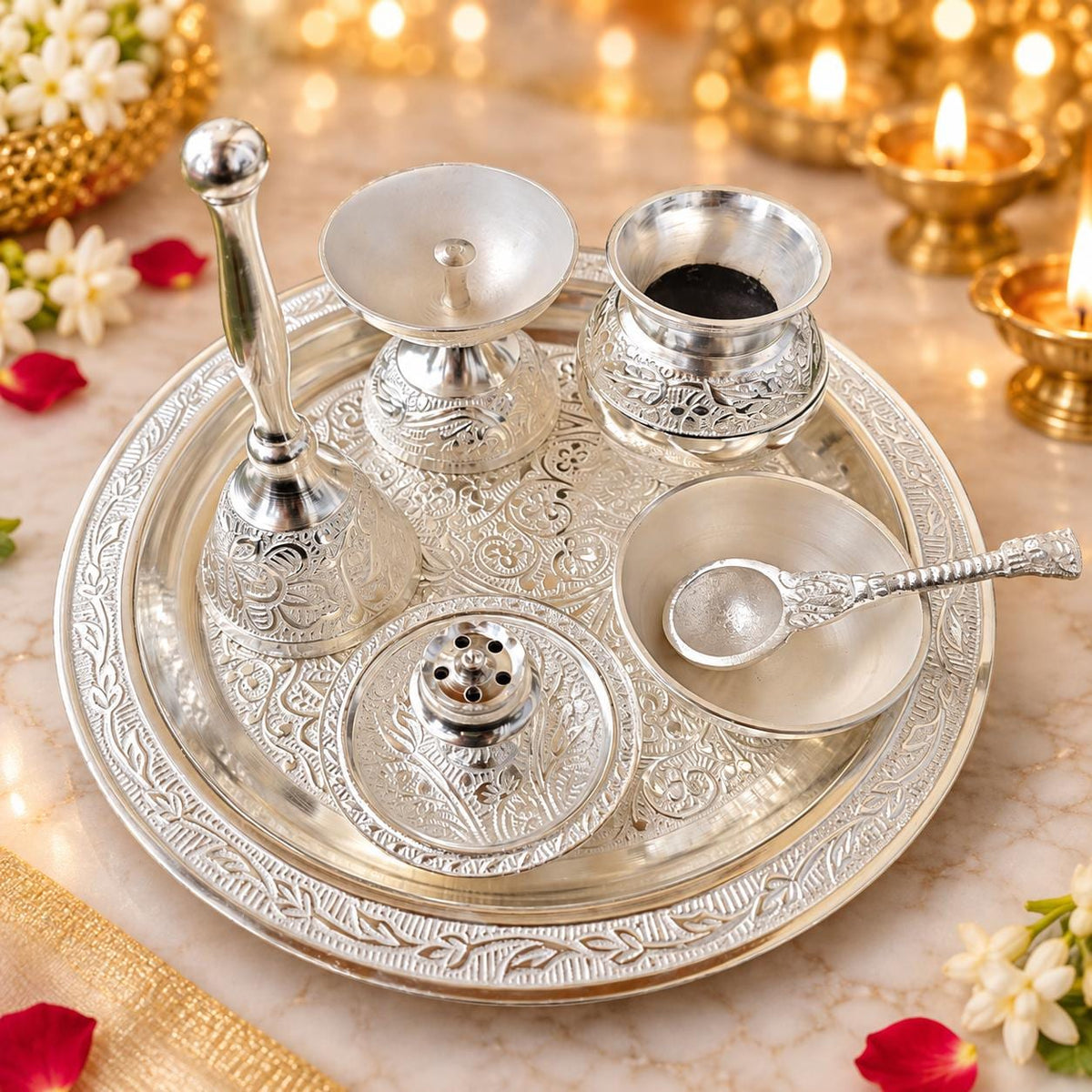 Handcrafted German Silver Pooja Thali Set – 8 Inch, Engraved, Velvet Box (7 Piece)