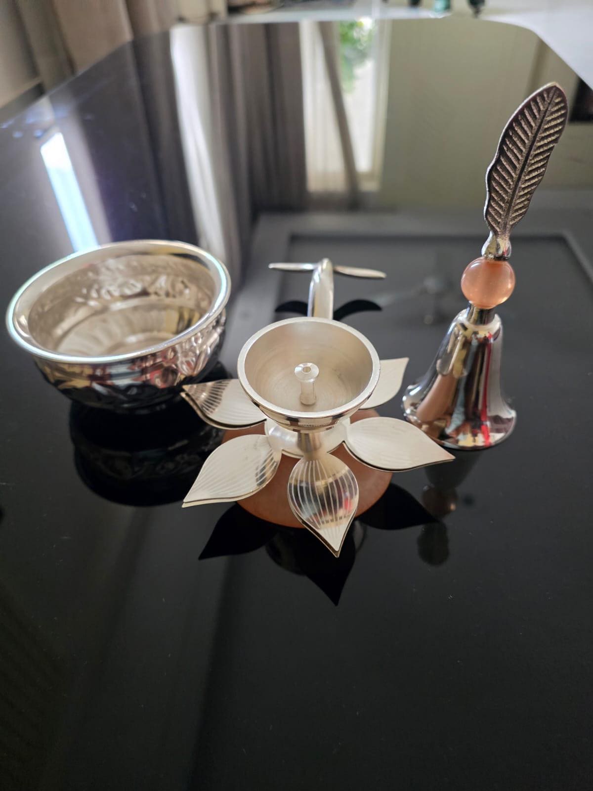 German Silver Pooja Set, Lotus Diya, Bell, Decorative Bowl (8, 6, 4 inches)